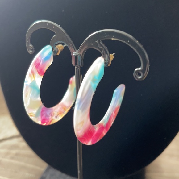 Pink/White/Aqua/Purple Watercolor Epoxy Earrings - Picture 4 of 7